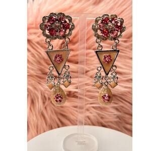 Ornate Art Deco Pink Rhinestones & Peach enamel Dangle Clip-On Earrings -New